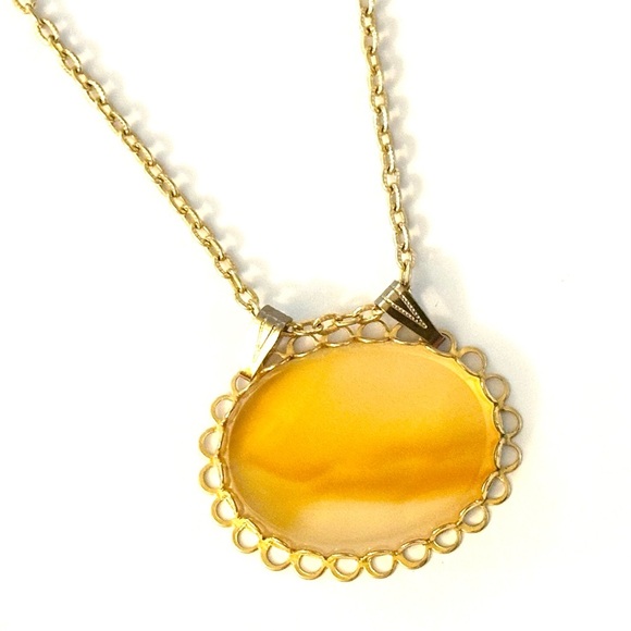Yellow Orange Polished Glass Oval Necklace with Gold-Toned Chain - Picture 2 of 9